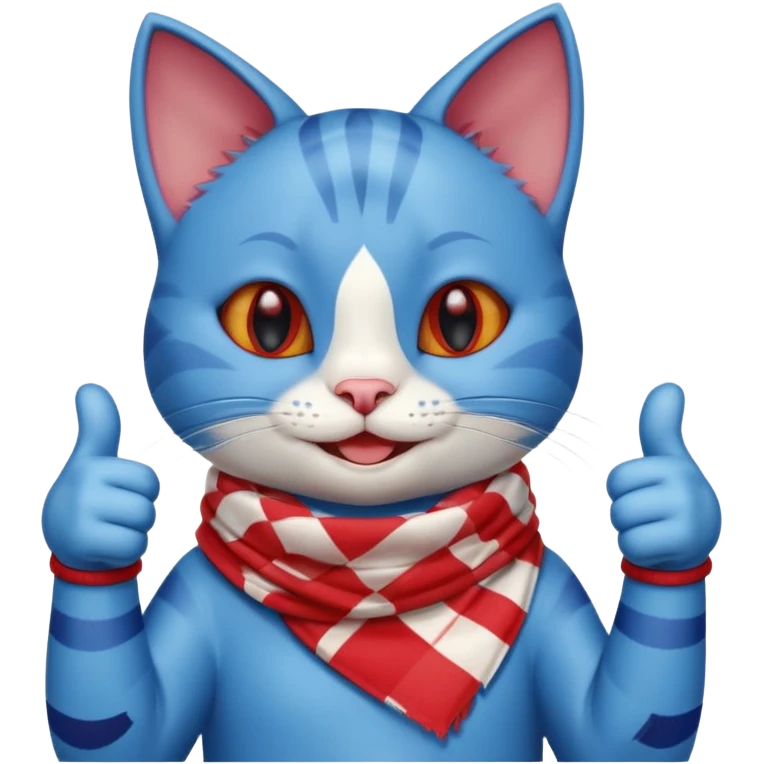 A Cute Blue Cat smiling and giving thumbs up, wearing red Checkered Triangle scarf emoji