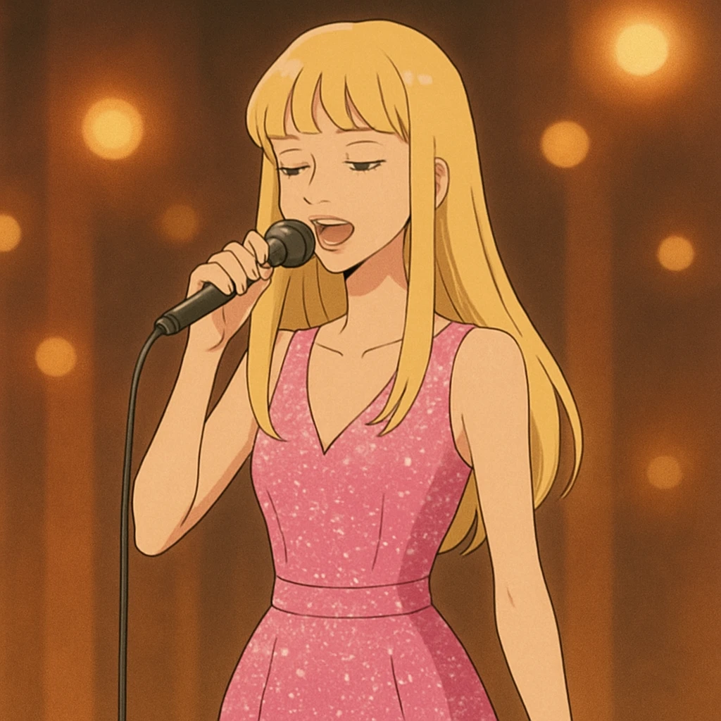Pretty and thin tall Blonde pop star with bangs singing onstage, wearing a sparkly pink outfit   emoji