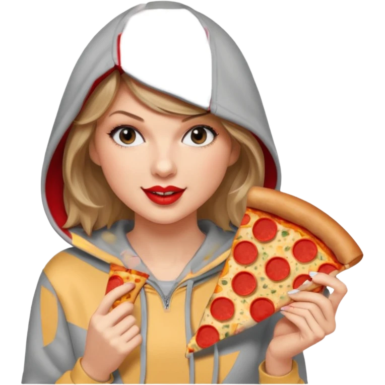 Taylor Swift, wearing hoodie, holding a slice of pizza





































 emoji