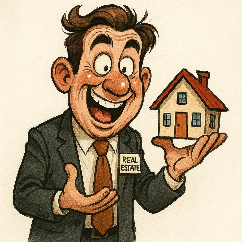funny caricature style real estate agent, holding a small house, animated expression emoji