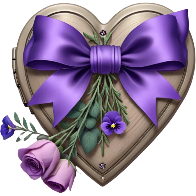 A midnight purple silk bow wraps around a bundle of wilted lavender sprigs, velvety pansies, and blush-violet roses, resting on an aged wooden table. Nearby, an antique silver locket shaped like a heart, engraved with tiny celestial stars, glistens faintly under the dim candlelight. emoji