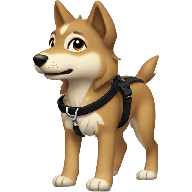 4 short legs a light brown puppy-like wolf with black hair on its ears with black leash  is walking emoji
