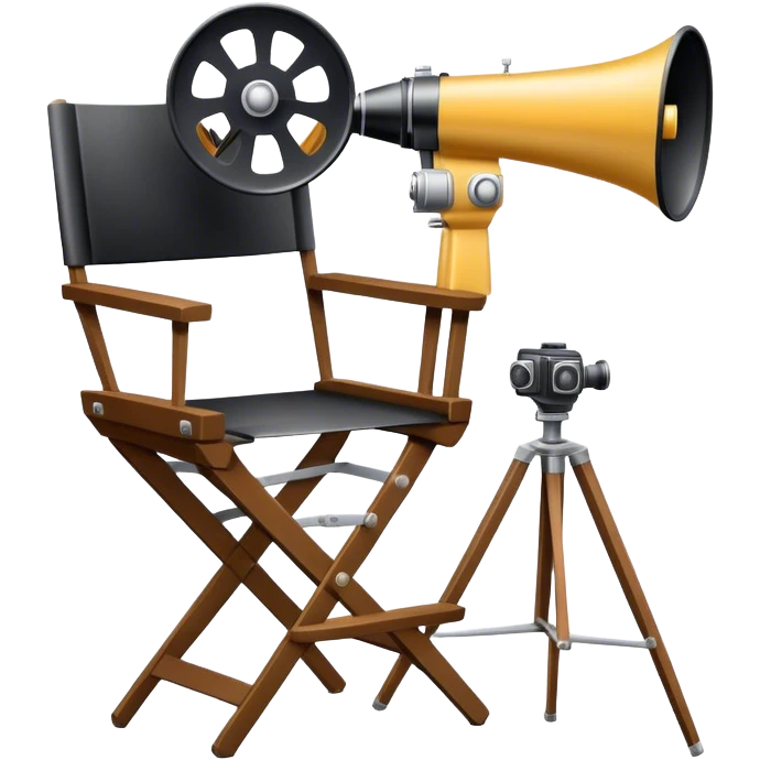 Icon for Directing: a director’s chair, a film camera, a megaphone, symbolizing the essence of film direction. The design should represent the creativity, leadership, and technical skill of directing in theater and cinema. Transparent background. emoji