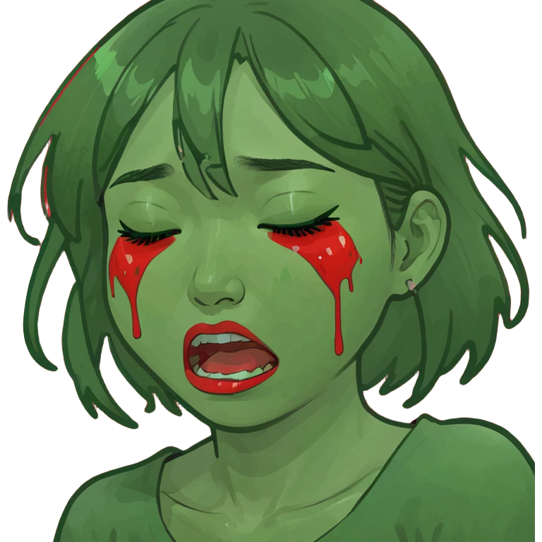 Asian girl crying with red tears emoji