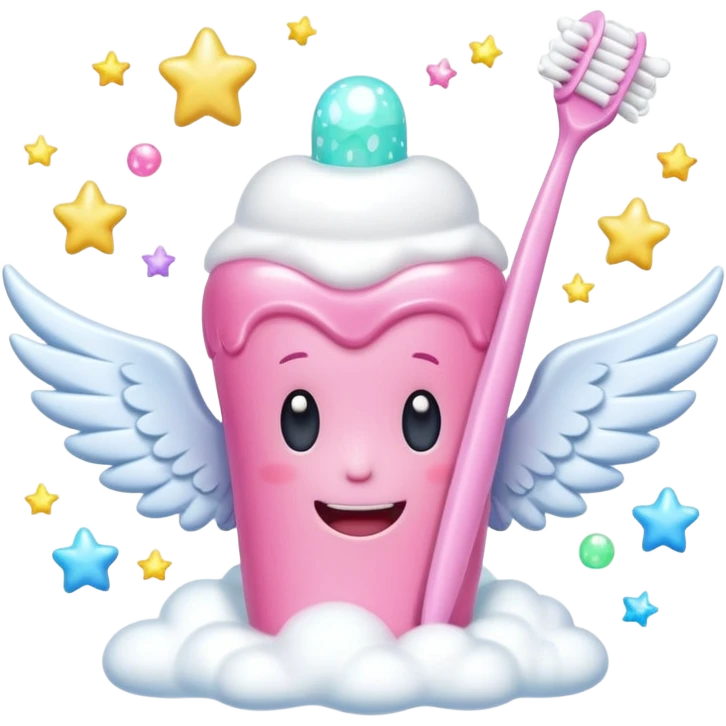 Giant cartoon toothbrush, pink toothbrush, cute molar character with angel wings, tube of pastel toothpaste, sparkles, magical sparkles, shooting stars, fluffy white clouds, soap bubbles, floating tooth fairy coins. emoji