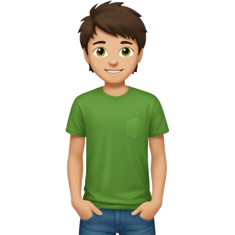 A 14 yerar old teenage boy, slightly tanned, wearing a green t-shirt , blue jeans and green sneakers with dark brown tousled hair, smirking emoji