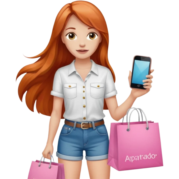 Chica con cabello cobrizo largo short de jeans blusa blanca y bolsas de compras rosas y celular diciendo apartado emoji
