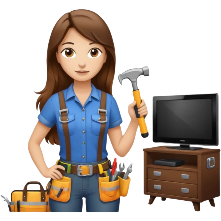 beautiful girl with long brown hair constructing new lounge room area with tv and couch emoji