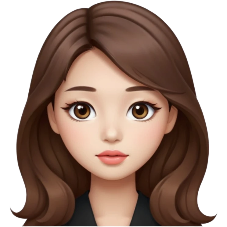 “korean straight brown hair Emoji girl, soft eyeliner and blush, gradient lips, light brown shimmer eyeshadow, long wavy hair,  emoji