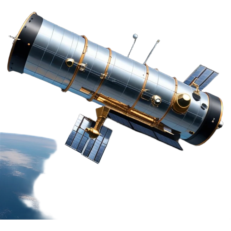 cinematic-realistic-hubble-space-telescope-emoji, an awe-inspiring, ultra-detailed depiction of the Hubble Space Telescope floating in space, its large, reflective metallic surface gleaming against the backdrop of the infinite blackness. The telescope's vast solar panels extend outwards, catching the light from distant stars, while its intricate, cylindrical body showcases advanced, precise engineering. The telescope's large, hexagonal lens is pointed towards the cosmos, surrounded by mechanical components, wires, and sensors. The detailed textures of the telescope’s metallic exterior, the shiny reflective coating, and the intricate grid-like solar panels are sharply contrasted against the void of space, with distant stars and nebulae faintly visible in the background, adding to the sense of scale and technological marvel; rendered with extreme realism and attention to detail. emoji