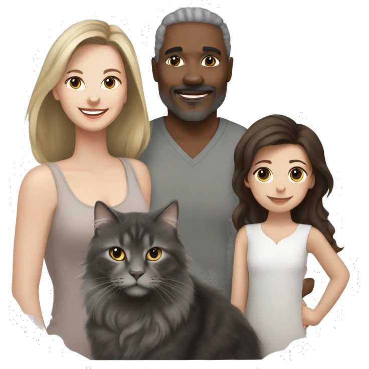 black dad, white brunette mom, mixed two year old daughter and a grey norwegian forest cat emoji