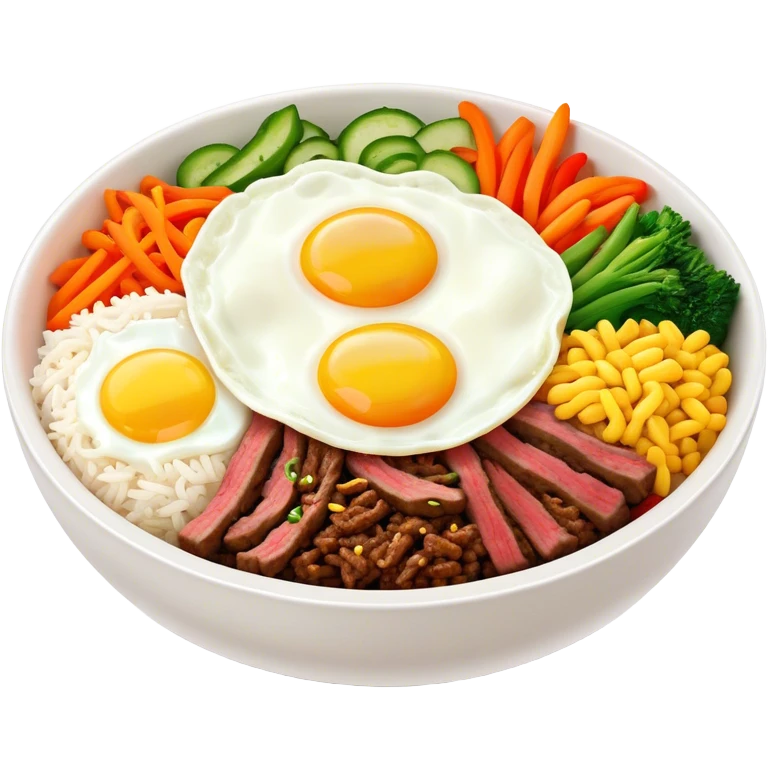 Cinematic Realistic Bibimbap Dish Emoji, showcasing a colorful bowl of mixed rice, assorted vegetables, beef, and a fried egg rendered with lifelike detail and vibrant, harmonious lighting. emoji