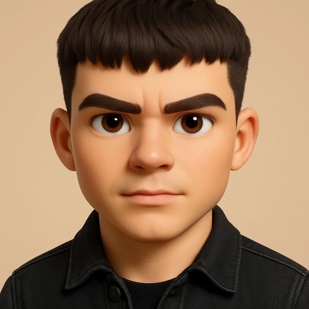 this image in 3d-emoji style, strong and confident expression (not sad), slimmer face, wearing a black jeans jacket emoji