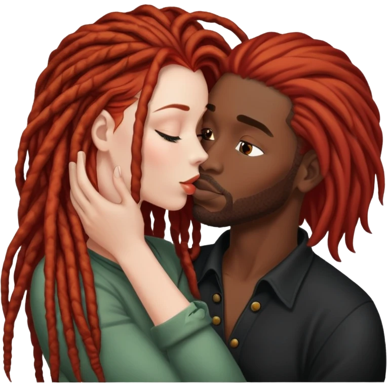 Mulher ruiva, pele branca, beijando um homem negro, com dreads nos cabelos emoji