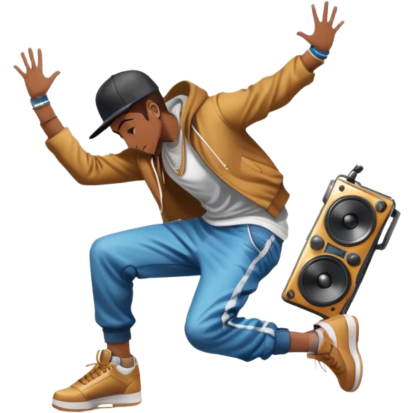 Icon for Street Dance: a dancer in urban streetwear performing a dynamic lower breakdance move, with a spray-painted background and a boombox on the asphalt. The icon should capture the energy, style, and creativity of street dance culture. Transparent background. emoji