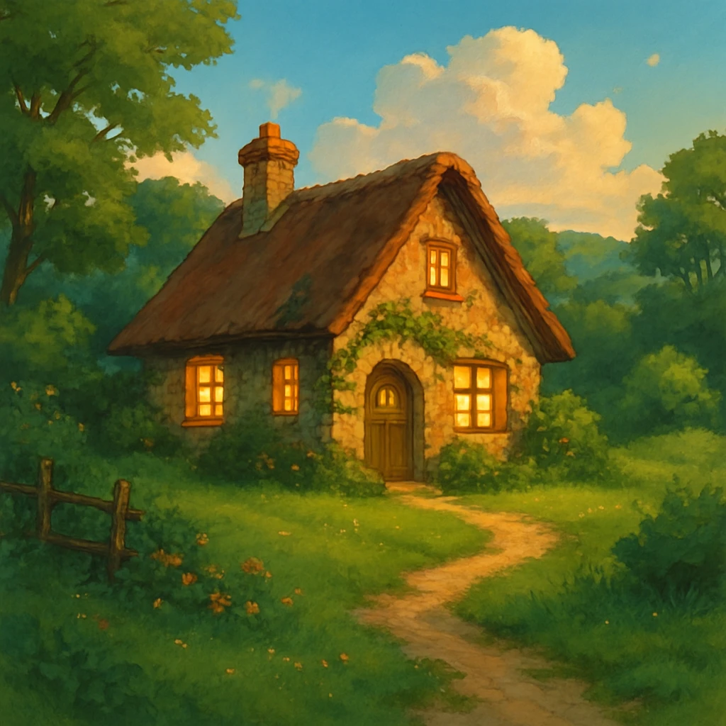cozy cottage in a lush landscape with warm lighting in ghibli style emoji
