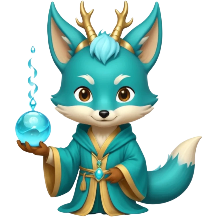 Chibi teal fox with small antler horns, confident magical expression, gold mark on forehead, teal-gold robe, holding glowing blue water orbs, with dragon tail with small antler horns on its head emoji
