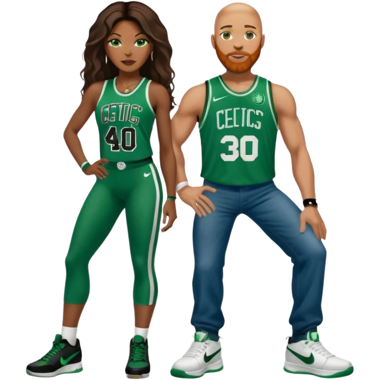 black woman and white man: 48-year-old black woman with brown eyes, long dark brown balayage hair dressed in sexy 
celtics jersey costume outfit and stilettos with bald white man with Ginger beard, and Blue eyes, in a Jason Tatum Boston Celtics Jersey, jeans and matching Nike sneakers  emoji