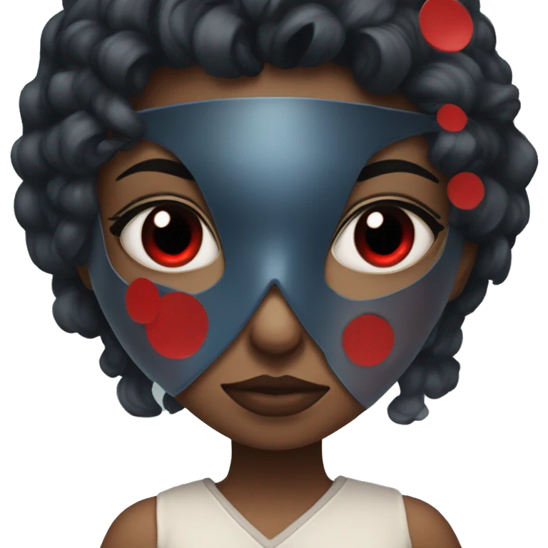 girl with dark black blueish hait having a red eye hero mask with a few big black dots on the mask emoji
