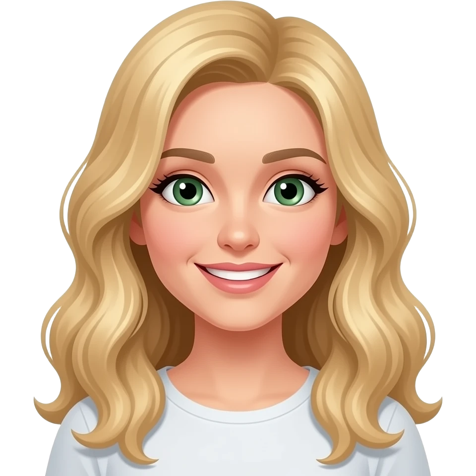 face of woman with long wavy blond hair and green eyes, smiling emoji