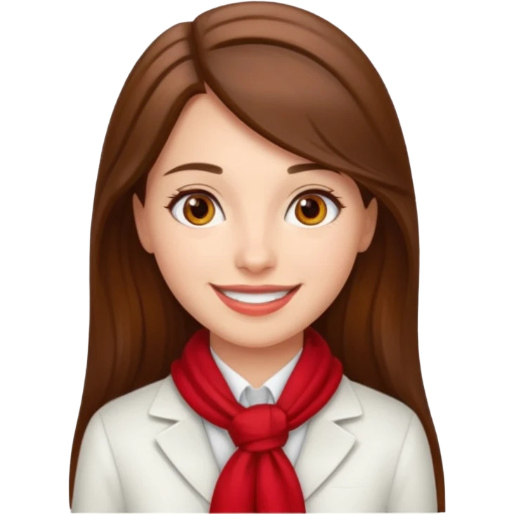 Female flight attendant, with red scarf, white shirt, long brown hair, brown eyes, iOS emoji-type face, fair skin,  emoji