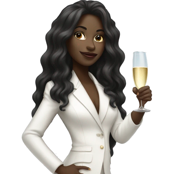 Black girl long hair in a white pantsuit, holding glass of champagne emoji