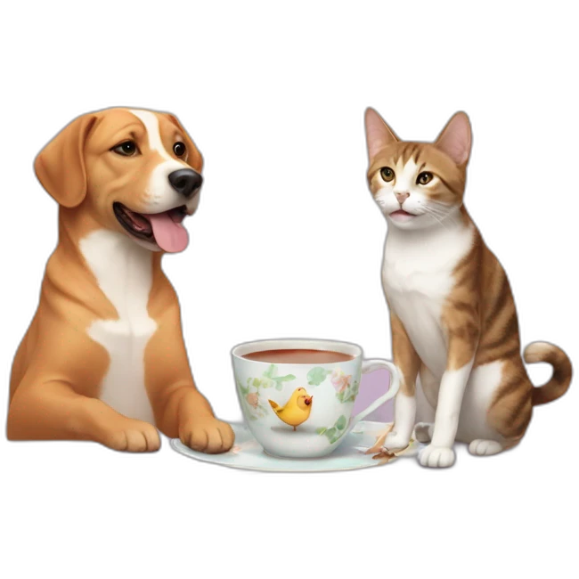 A cat a dog and a bird having tea emoji