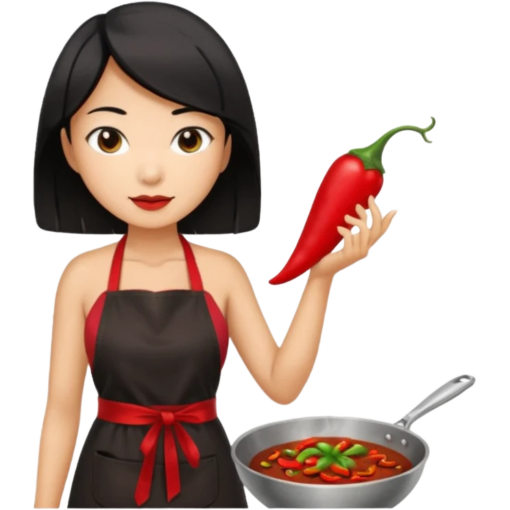 asian black short shoulder length hair tanned woman, black dress cooking, holding chili pepper emoji