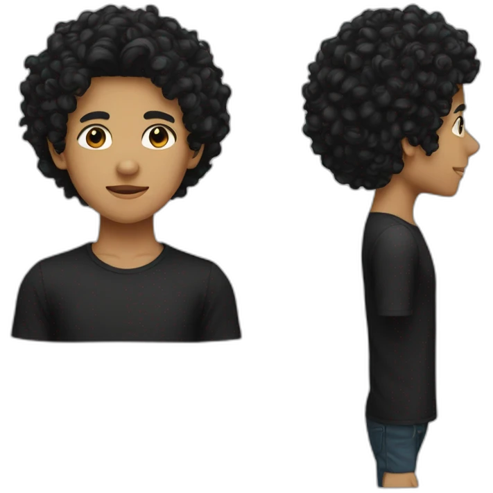 a boy with a black curly hair weaering a mask and wearing a black shirt emoji