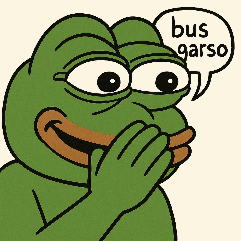 Edit the classic Pepe the Frog in 3D emoji style with one hand over mouth, cheeks puffed, trying not to laugh, with a speech bubble 'bus garso'. Classic Pepe look, no drink, focus on face and expression. Variant 3. emoji