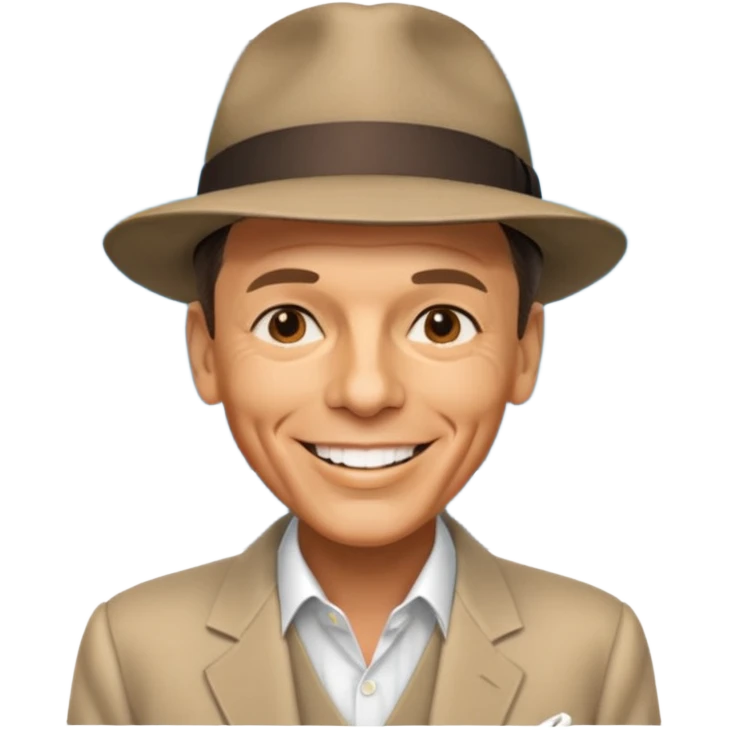 Frank Sinatra with the hat on, smiling and showing data analytics on a screen in the background emoji