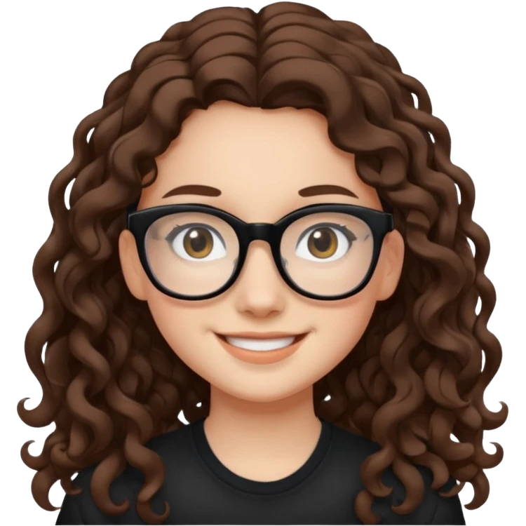 white teen girl with long brown curls and black frame glasses emoji