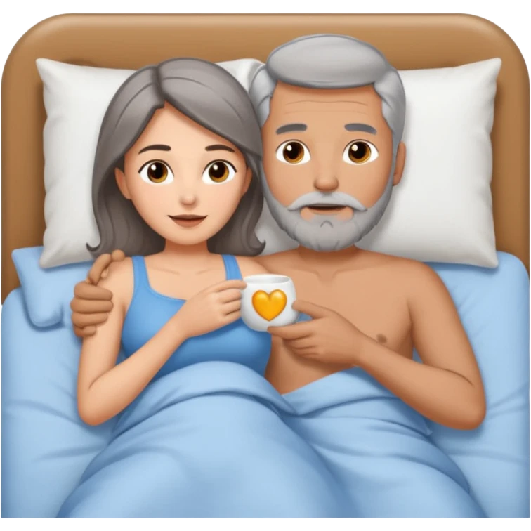 Man with grey hair and beard, and beautiful brunette woman in bed in spooning position  emoji
