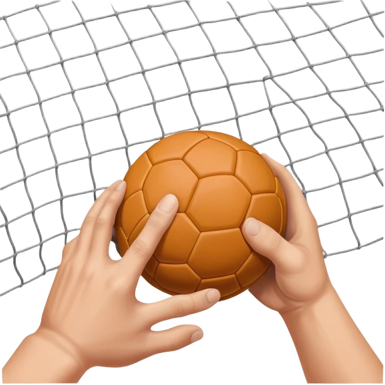 A close-up of a hand gripping a handball, with the handball gates visible in the background. The focus is on the texture of the ball and the strength of the grip, with the goal net slightly blurred to emphasize the anticipation of the throw. emoji