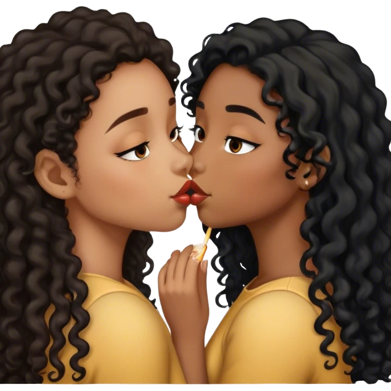 two girls kissing one with brown skin and black curly hair and one with light brown skin and black straight long hair  emoji