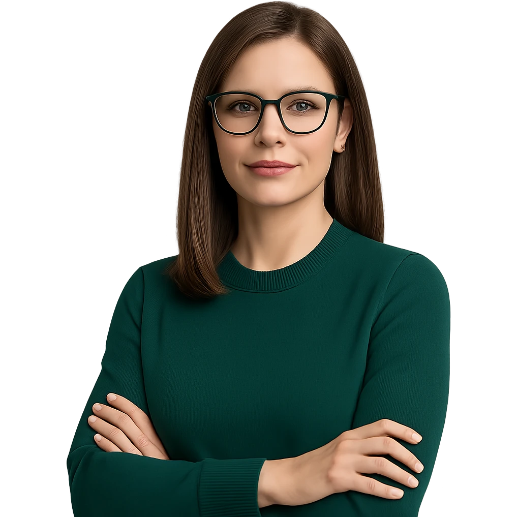 female CEO wearing an emerald green sweater, medium straight brown hair, emerald green glasses, professional and confident emoji
