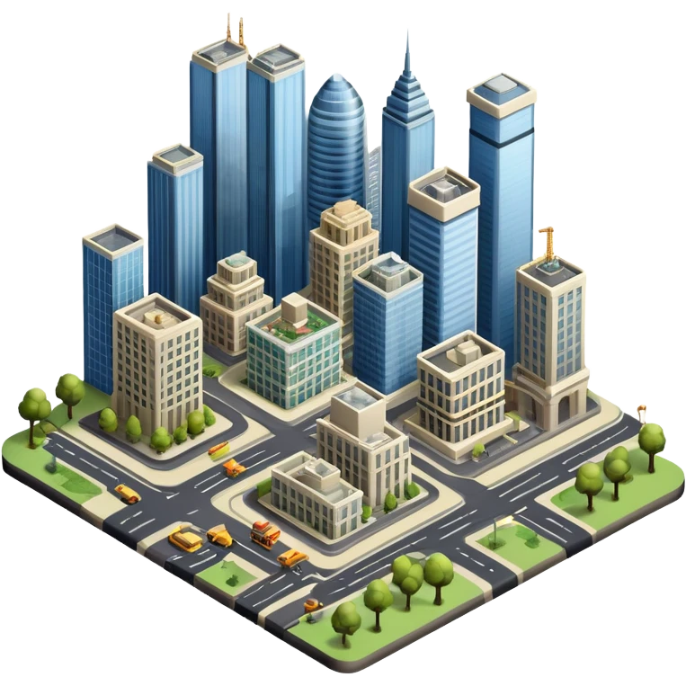 An icon showing a city-building game interface, inspired by Sim City. The design features a bustling city with roads, skyscrapers, and parks, with buildings being constructed and managed. The game’s interface, with stats and controls, is visible at the top. Transparent background. emoji