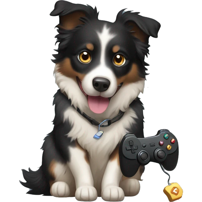 Small black australian shepherd dog with beige video game controller  emoji