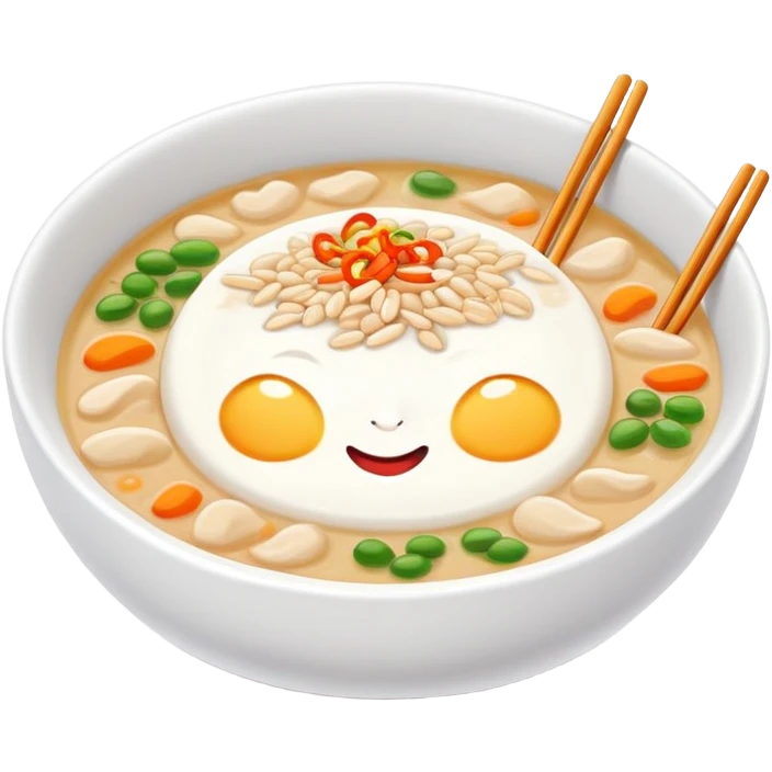 Laba Festival congee with colorful ingredients and garnishes, simplified emoji style with bold outlines and bright colors, cartoon style traditional Buddhist ceremonial porridge emoji