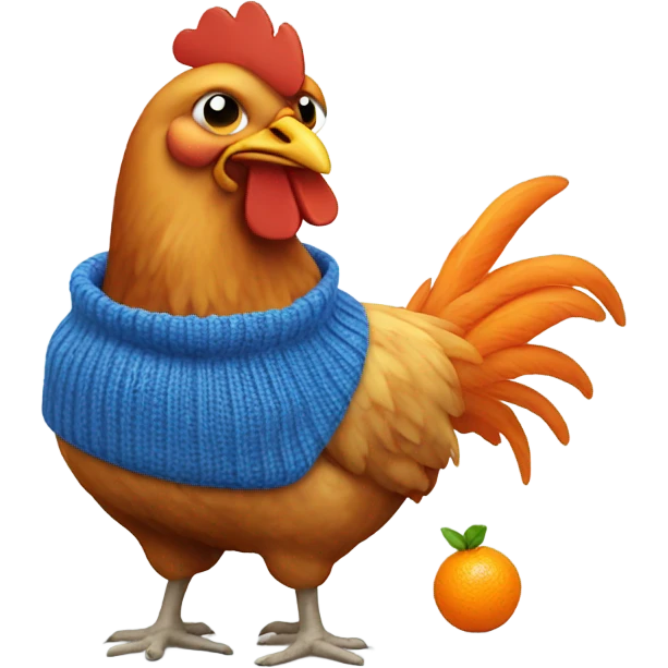 chicken wearing a blue sweater eating an orange emoji