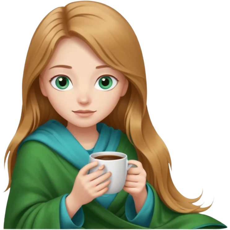A girl with blue eyes, long eyelashes, very long light brown hair, inside a green blanket with coffee emoji