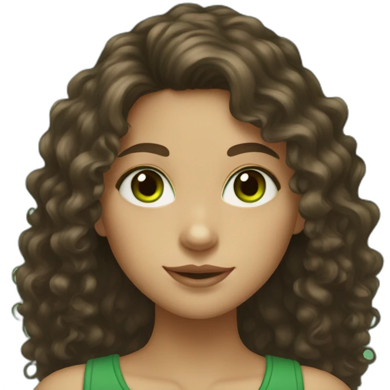 girl with dark brown long curly hair, light skin and green eyes emoji