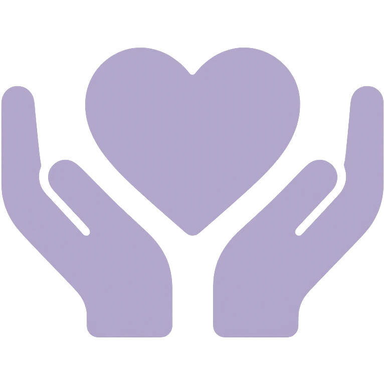 dull purple heart hands icon, hands outlined in black, heart shape in the center, pale purple color palette emoji