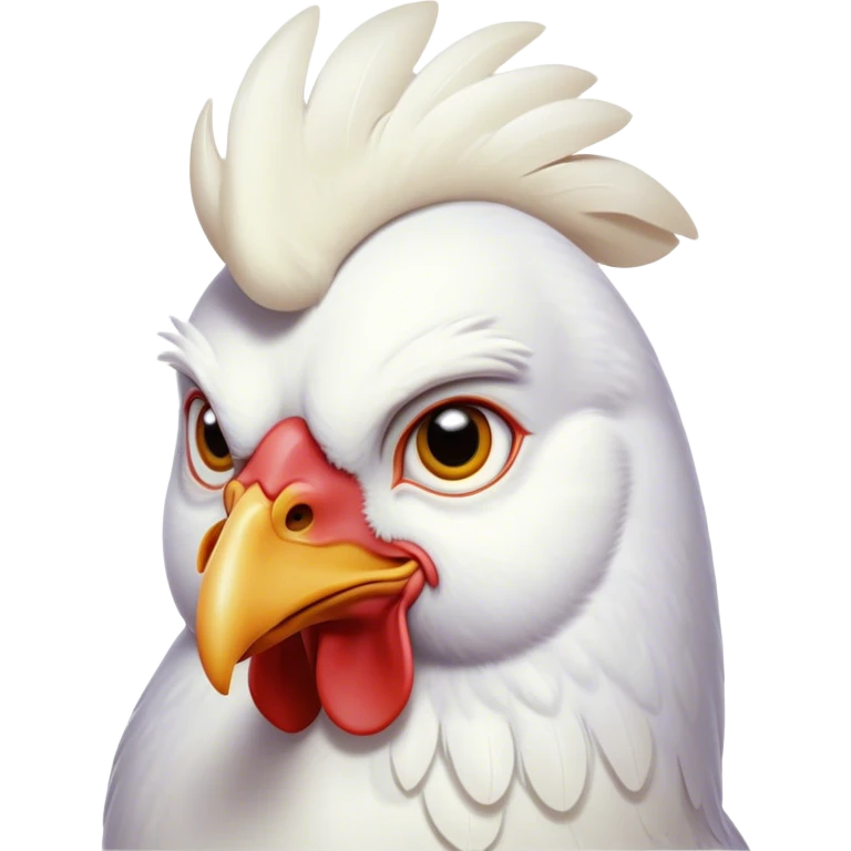 Cinematic Noble White Chicken Portrait Emoji, Poised and regal, with a compact, sturdy build and a pristine, well-groomed pure white plumage, deep-set soulful beady eyes, Simplified yet sharp and sophisticated features, highly detailed, glowing with a soft, dignified glow, high shine, intelligent and alert, stylized with an air of barnyard elegance, focused and attentive, soft glowing outline, capturing the essence of a watchful and confident fowl, so majestic it feels as though it could strut out of the screen with effortless authority! emoji