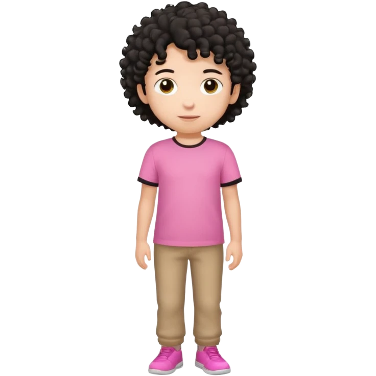 Kid boy wearing pink T-shirt, black curly hair, full body emoji