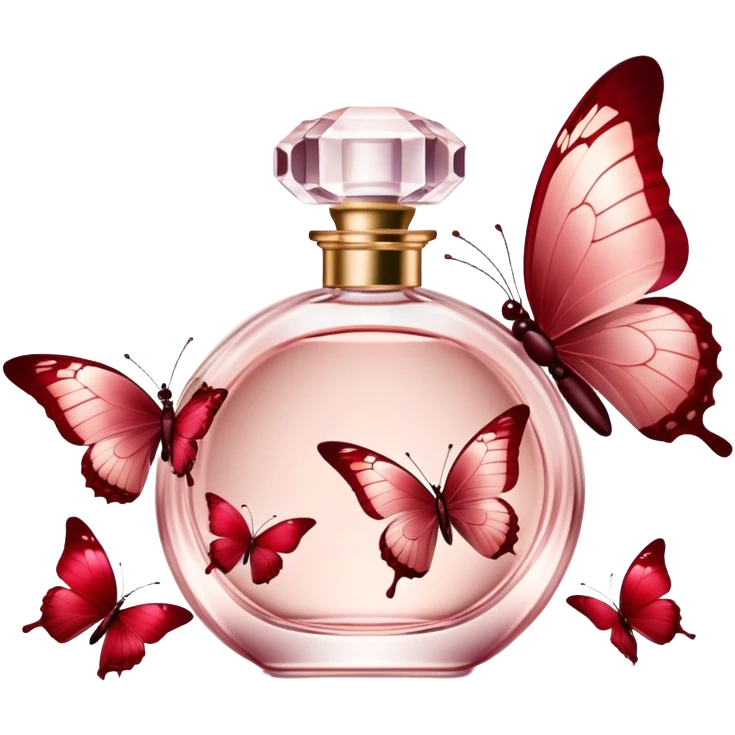 A luxurious glass perfume bottle in Soft Blush, reflecting soft light, as Crimson and Burgundy butterflies dance around it, creating an enchanting and ethereal atmosphere. emoji