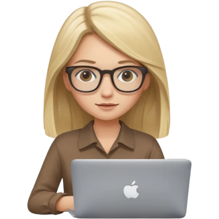 Girl in glasses, blonde long hair, brown blouse, typing on gray MacBook emoji