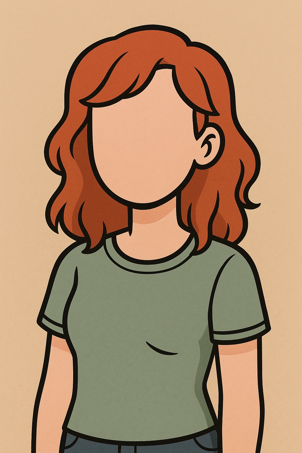 friendly faceless young woman avatar with red hair, soft approachable features, no facial details, modern casual style, simple flat toon illustration emoji