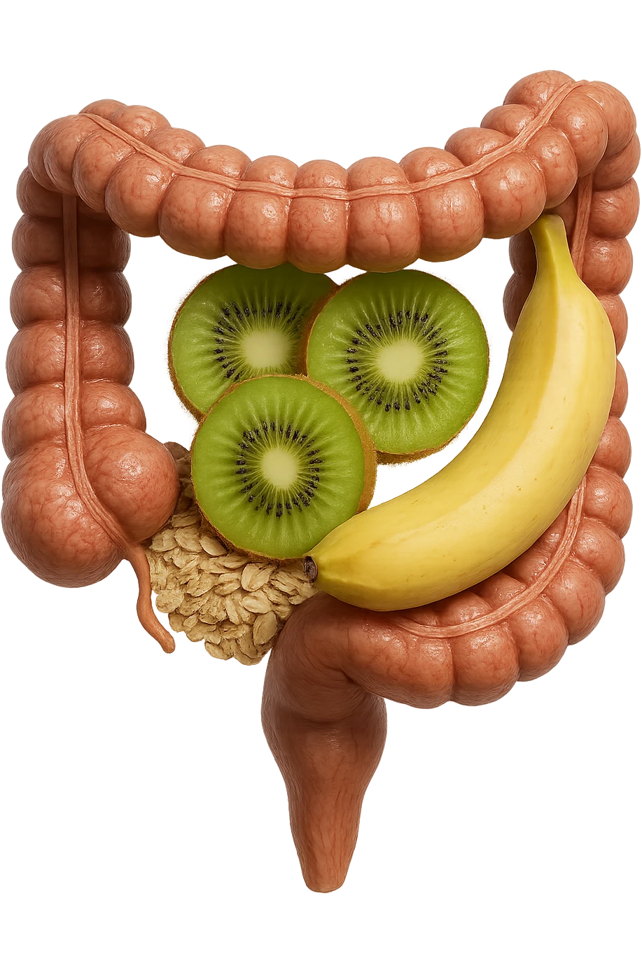 avena, kiwi e banana all'interno di un colon umano anatomico realistico, iperrealistico 4k emoji