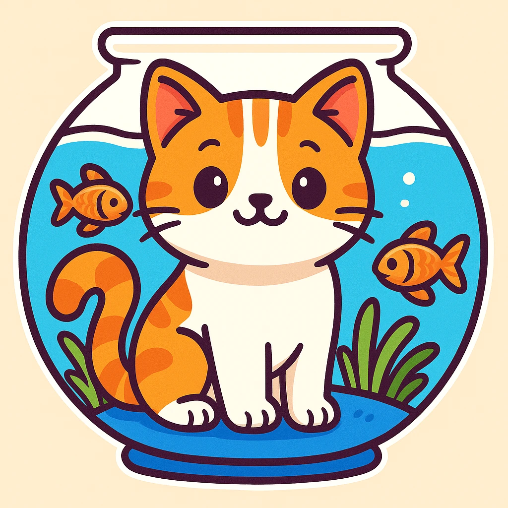 A red-haired cat and a goldfish aquarium in sticker style, more cartoonish emoji